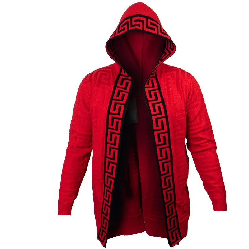 Prestige Red White Greek Key Trim Hooded Sweater Jacket