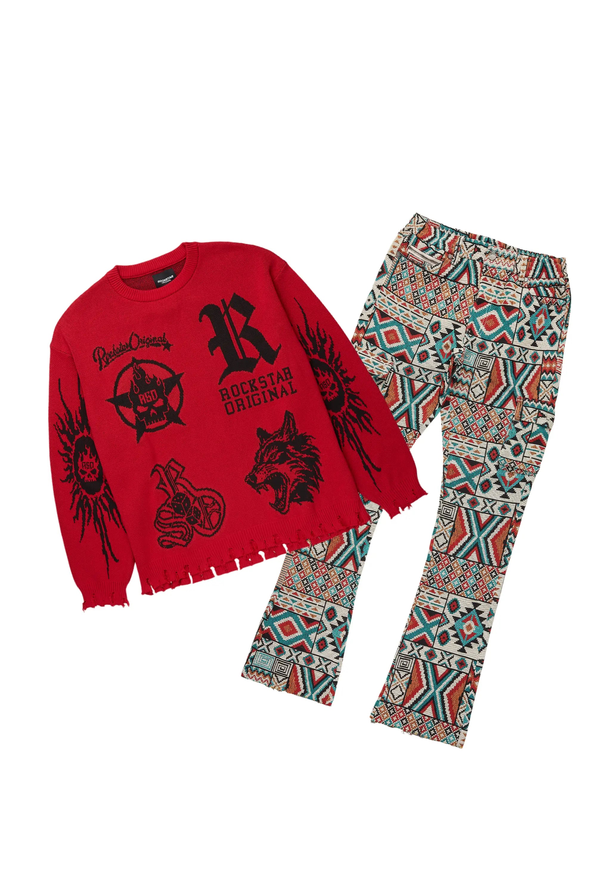 Fagan Red Knit Sweater & Nard Stacked Flare Tapestry Jean Bundle