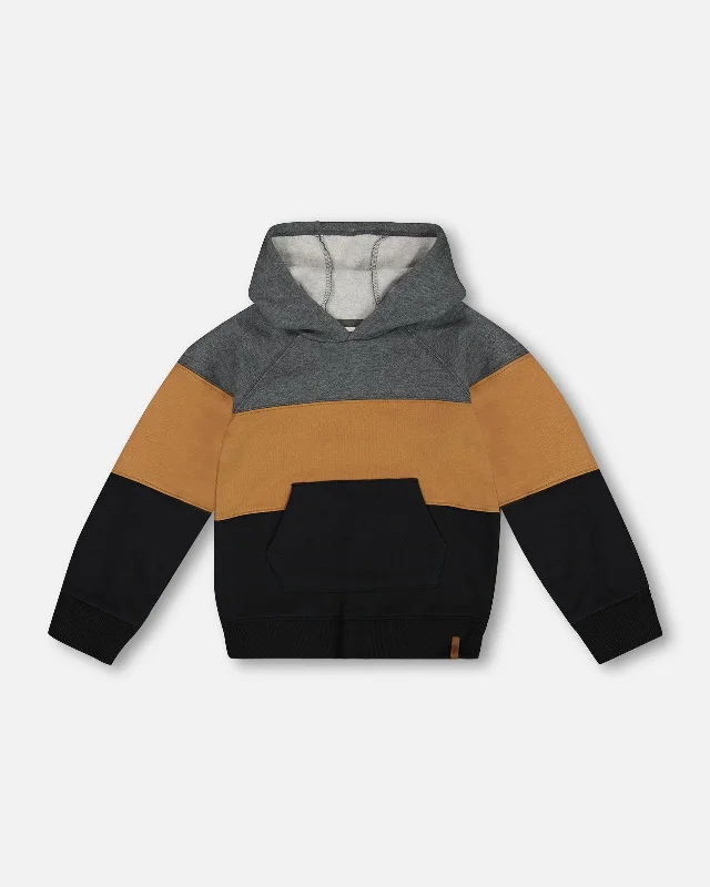 Colorblock Hooded Fleece Sweatshirt Dark Gray, Caramel And Black