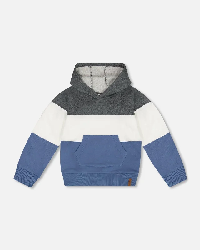 Colorblock Hooded Fleece Sweatshirt Gray, White And Blue