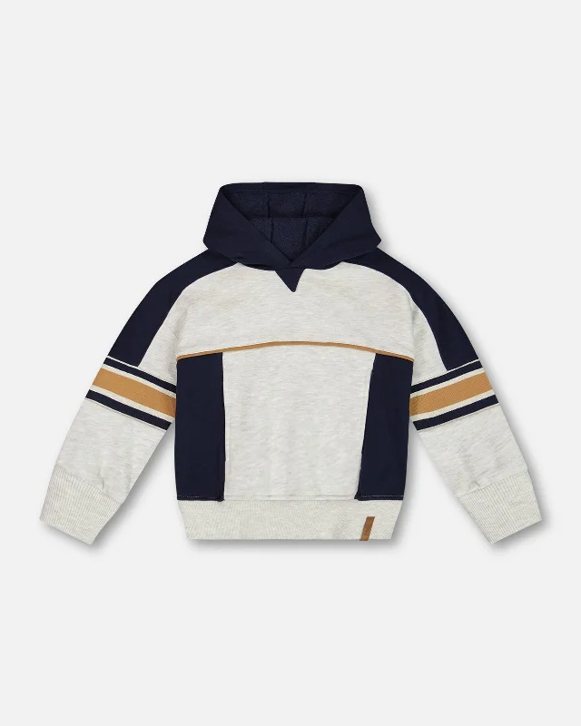 Hooded Fleece Sweatshirt With Contrast Rib Beige Mix