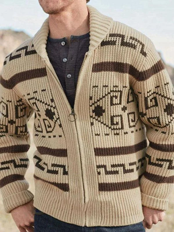 Lapel Jacquard Men Cardigan Sweater