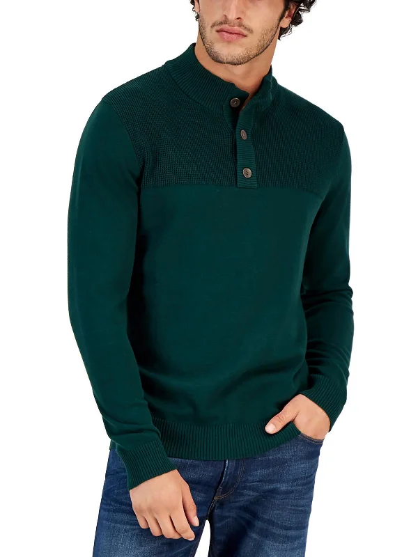 Mens Mock Neck Henley Pullover Sweater