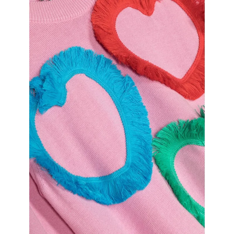 Pink Sweater With Fringy Multicolor Hearts