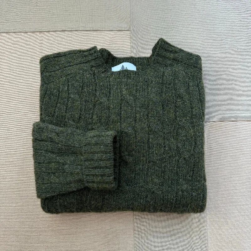 Shetland Wool Cable Crew Sweater, Pine Shadow